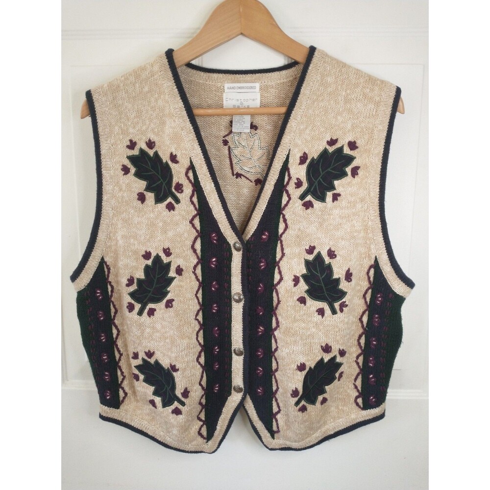 Christopher Banks Women's L Knit Sweater Vest V-Neck Button Front Embroidered